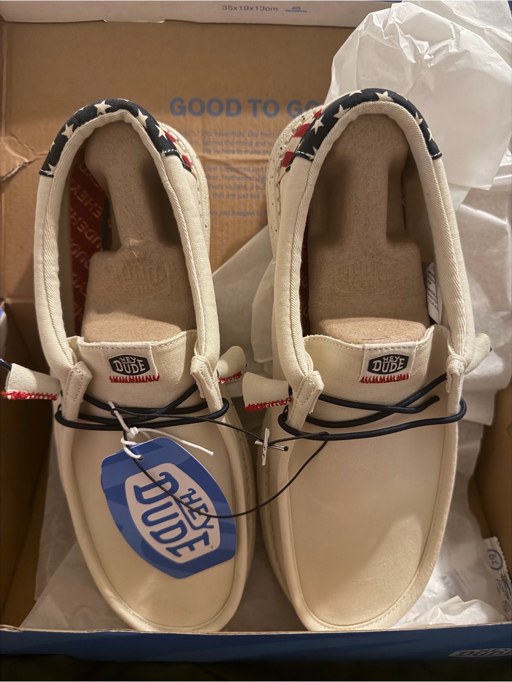 NWT Hey Dude Wally Americana Off White, Red & Blue Shoes Men's 12 Wide 41784-1LB - Picture 3 of 4
